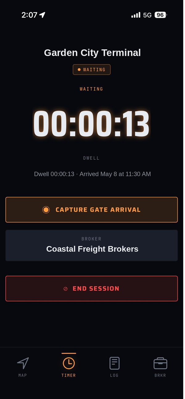 PayDwell app screenshot showing the geo-fence trigger activated at Garden City Terminal in the Port of Savannah, dwell timer started and Capture Gate Arrival button ready