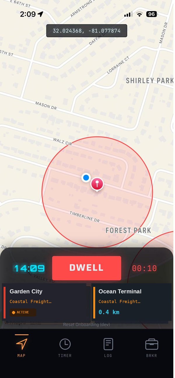 PayDwell map view showing the active geo-fence around Garden City Terminal in Savannah Georgia with GPS coordinates and a nearby Ocean Terminal facility 0.4 km away